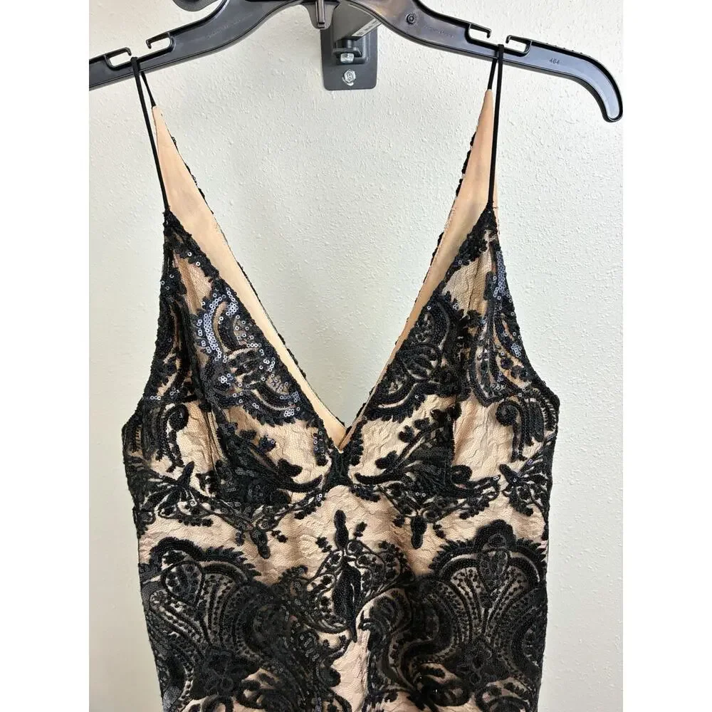 Free People Night Shimmers Sequin Mini Dress - Black Lace & Nude Slip Size 8